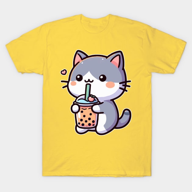 funny cat drink orange boba T-Shirt by fikriamrullah
